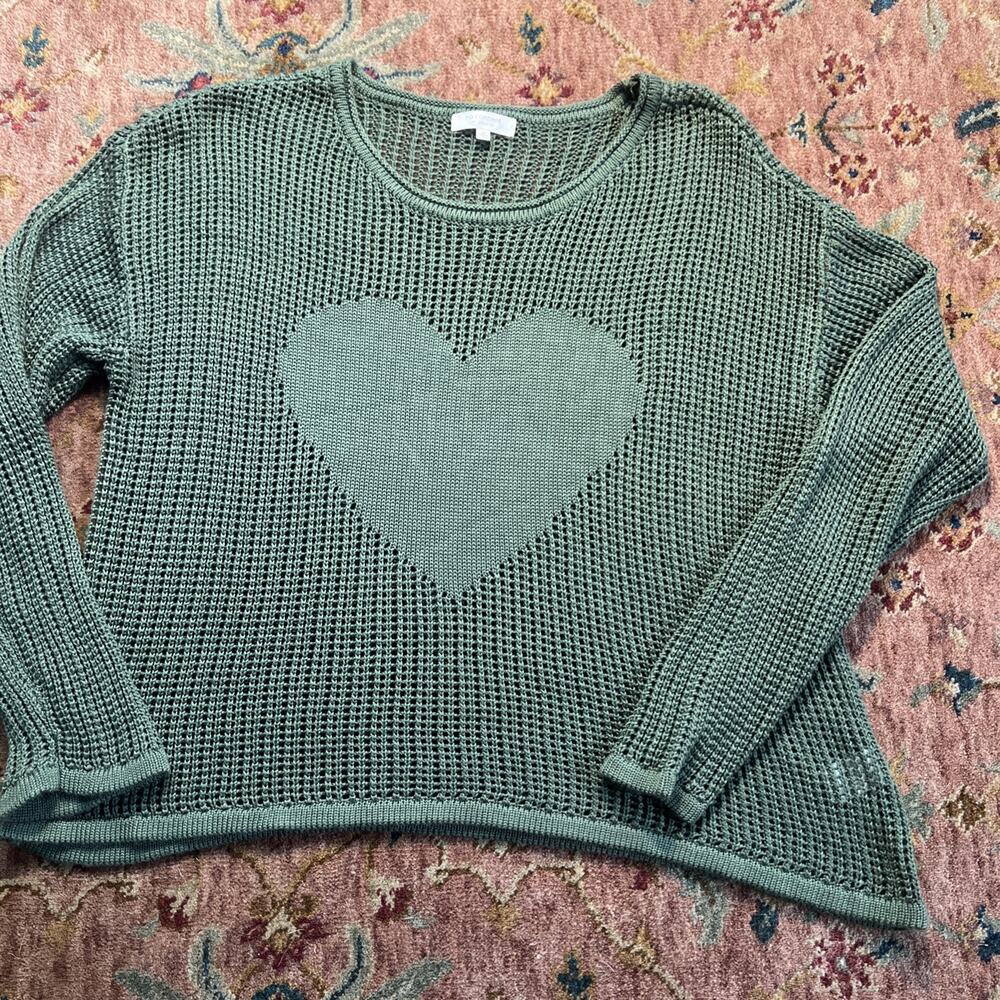 No Comment Olive Army Green Heart Graphic Open Knit 1X 
Sweater Long Sleeve Mesh